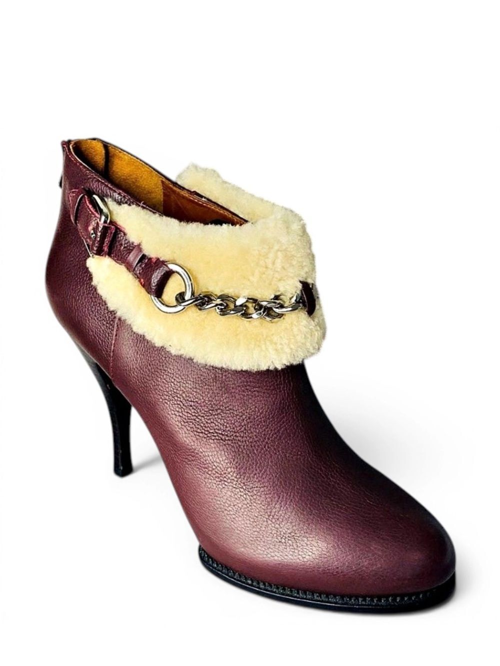 🛍️ Alexander McQueen Burgundy Leather Shearling Trim Ankle Boots. Authentic